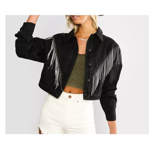 Blue B Rhinestone Fringe Denim Jacket Size Small Black Western Concert Rodeo - Picture 1 of 9